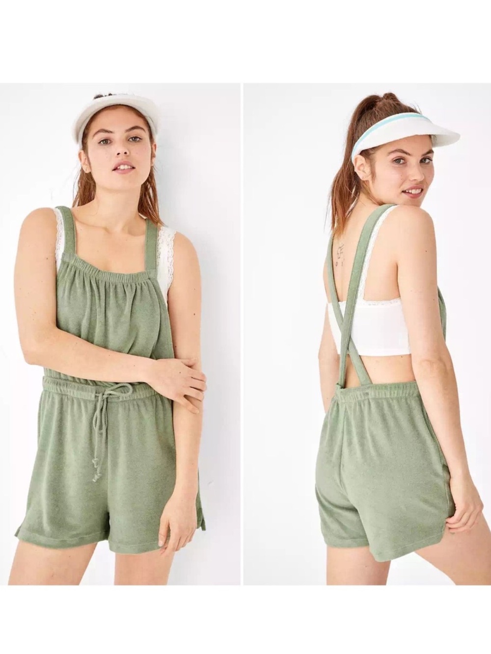 American Eagle Outfitters Olive Green Terry Romper with Crossback Straps